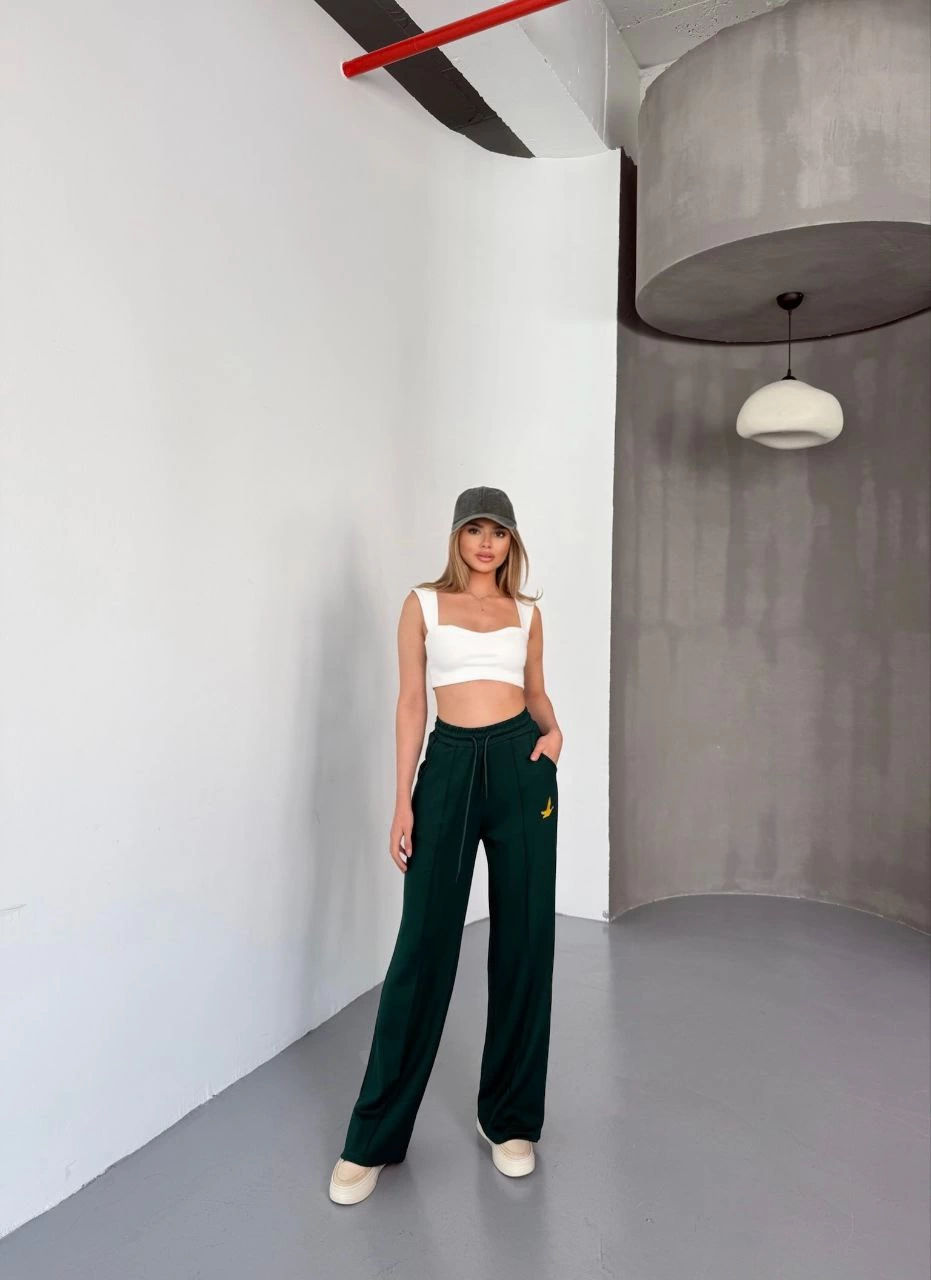 Kadın Osy Modal Yumuşak Dokulu Kumaş Nakış işlemeli Rahat Bol Paça Eşofman Pantalon - Yeşil
