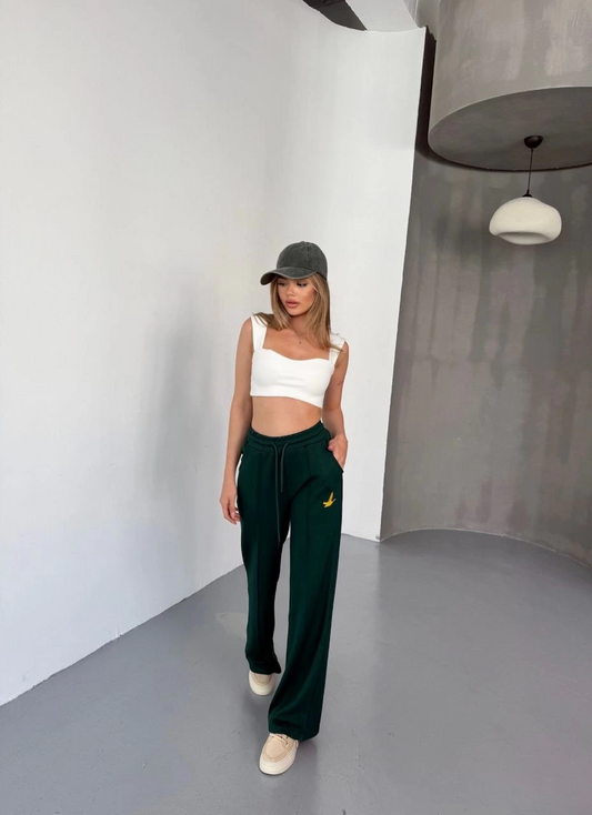 Kadın Osy Modal Yumuşak Dokulu Kumaş Nakış işlemeli Rahat Bol Paça Eşofman Pantalon - Yeşil