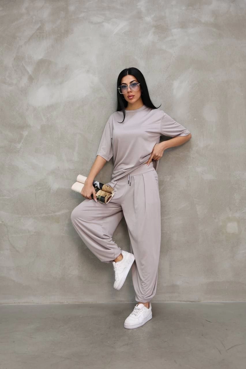 Kadın Osy Modal Yumuşak Dokulu Oversize Bisiklet Yaka Jogger Eşofman Altı Eşofman Takımı - Gri