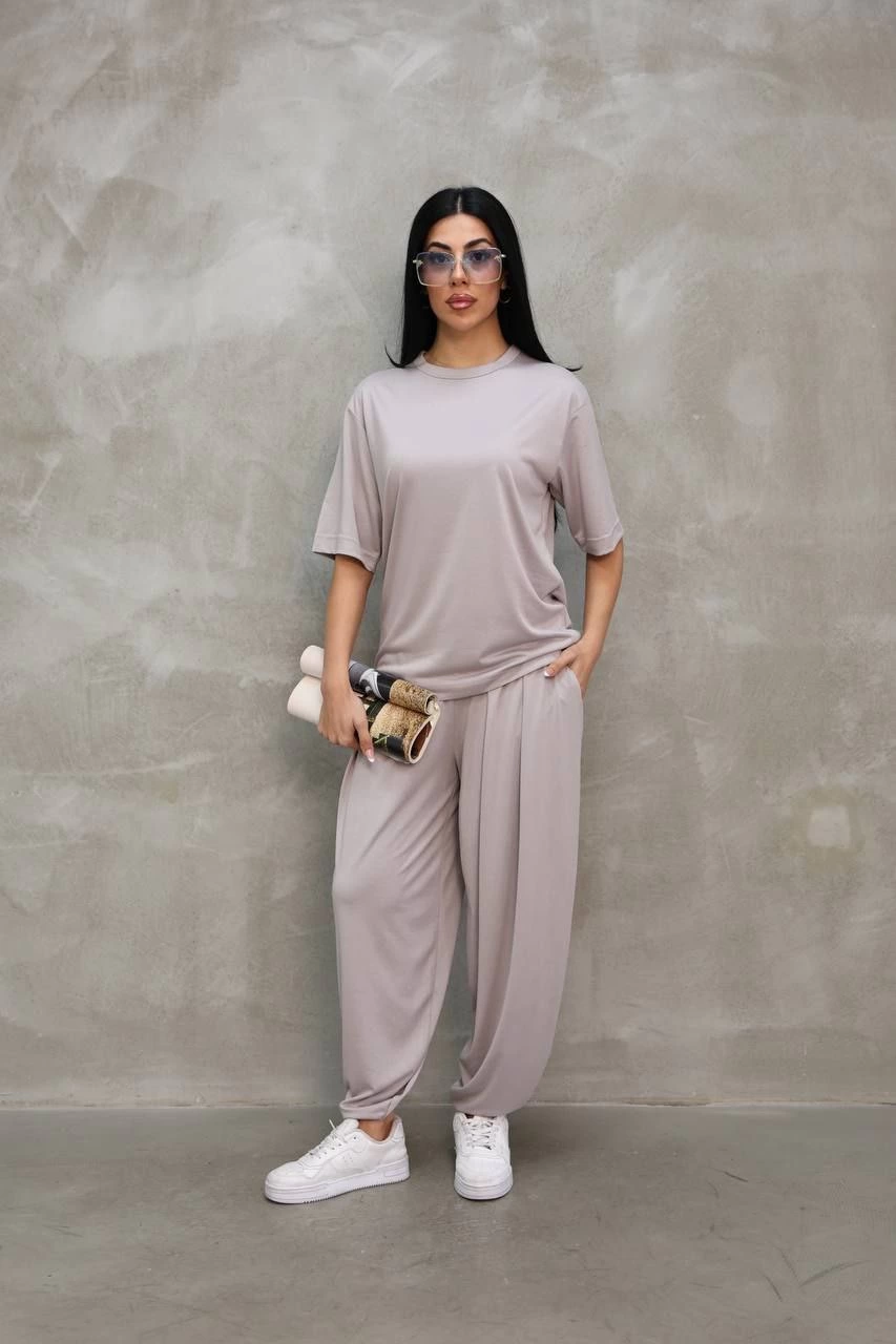 Kadın Osy Modal Yumuşak Dokulu Oversize Bisiklet Yaka Jogger Eşofman Altı Eşofman Takımı - Gri