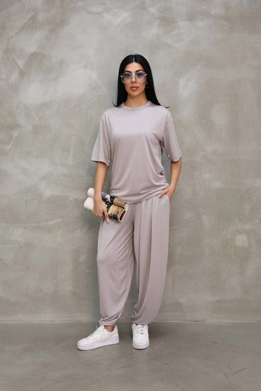 Kadın Osy Modal Yumuşak Dokulu Oversize Bisiklet Yaka Jogger Eşofman Altı Eşofman Takımı - Gri