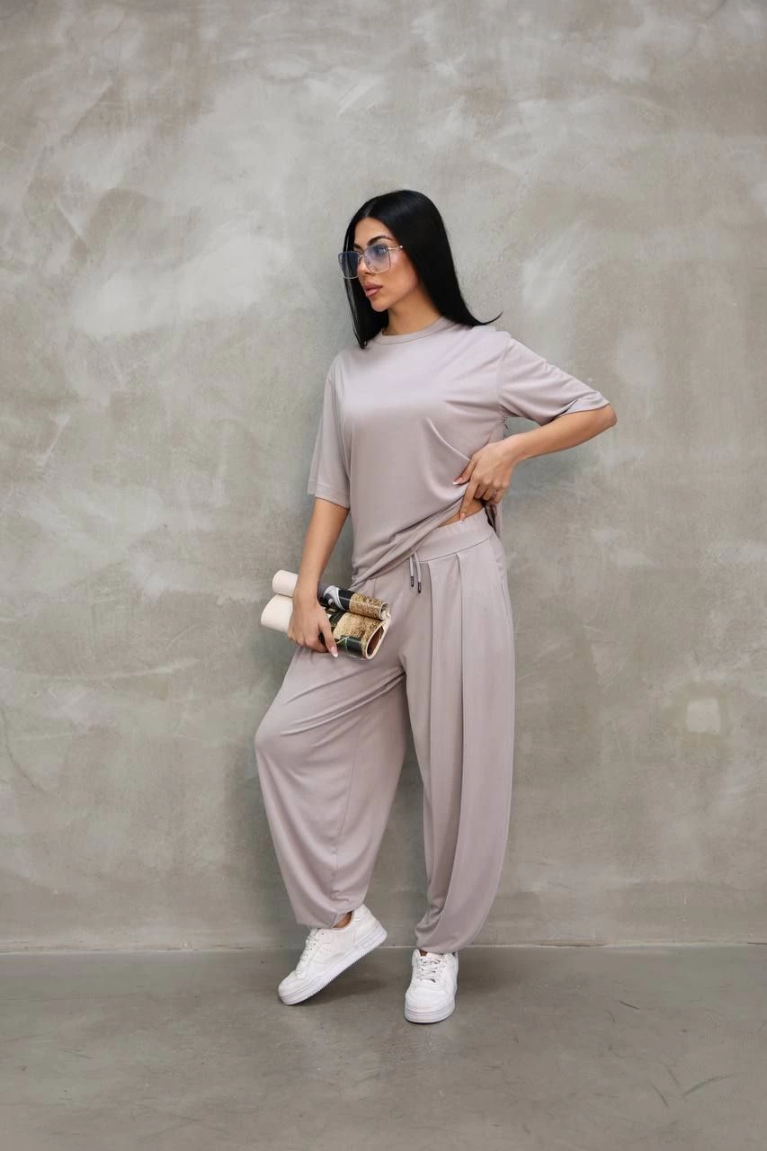 Kadın Osy Modal Yumuşak Dokulu Oversize Bisiklet Yaka Jogger Eşofman Altı Eşofman Takımı - Gri