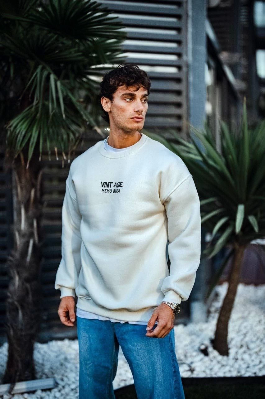 Erkek Oversize Bisiklet Yaka Üç İplik Baskılı SweatShirt - Beyaz
