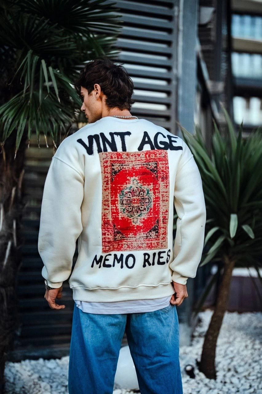 Erkek Oversize Bisiklet Yaka Üç İplik Baskılı SweatShirt - Beyaz