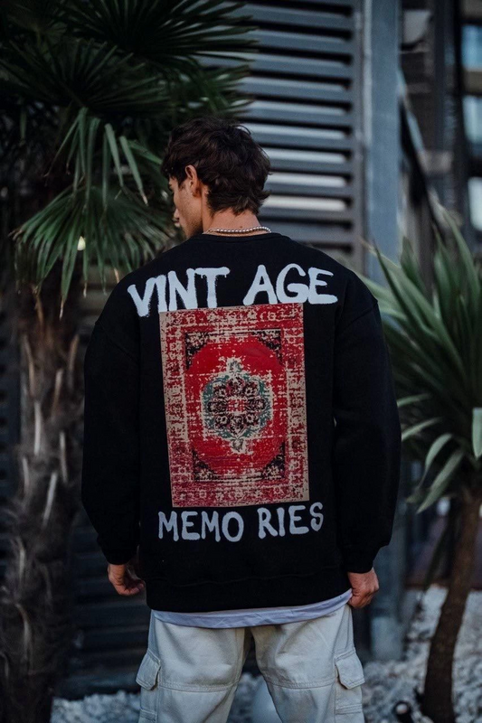 Erkek Oversize Bisiklet Yaka Üç İplik Baskılı SweatShirt - Siyah