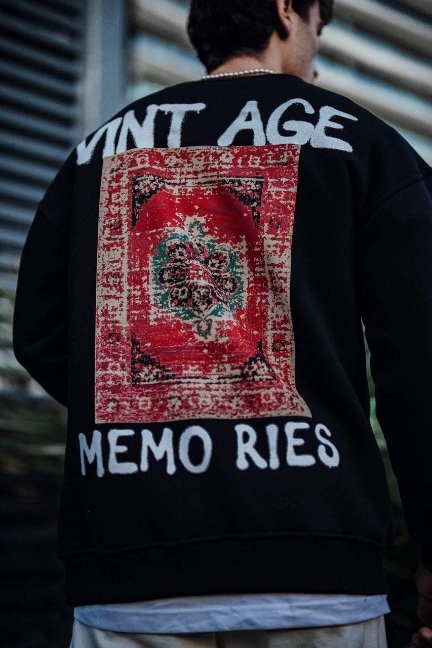 Erkek Oversize Bisiklet Yaka Üç İplik Baskılı SweatShirt - Siyah