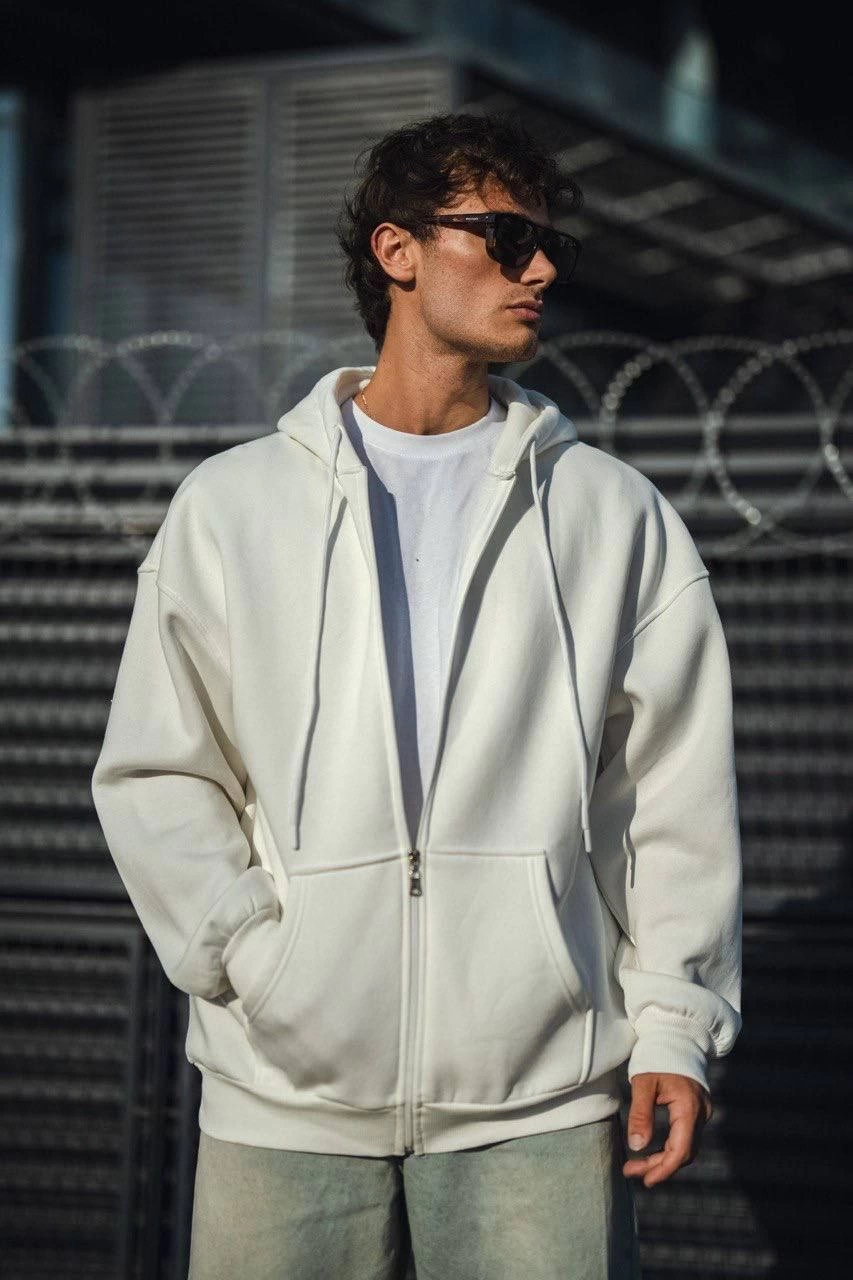 Erkek Tam Fermuarlı Cepli Kapüşonlu 3 iplik pamuklu hoodie Sweatshirt - Beyaz