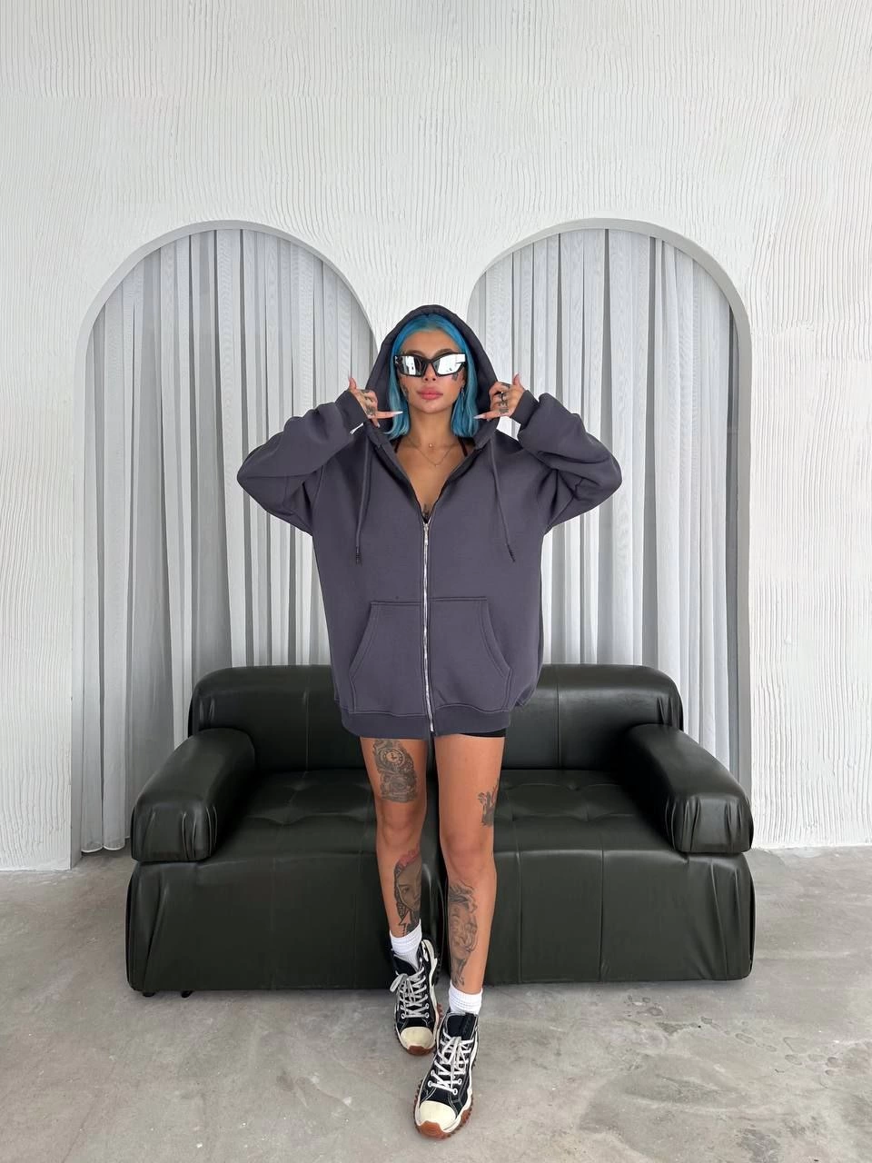 Kadın Oversize Tam Fermuarlı Uzun Kol Hırka - Füme