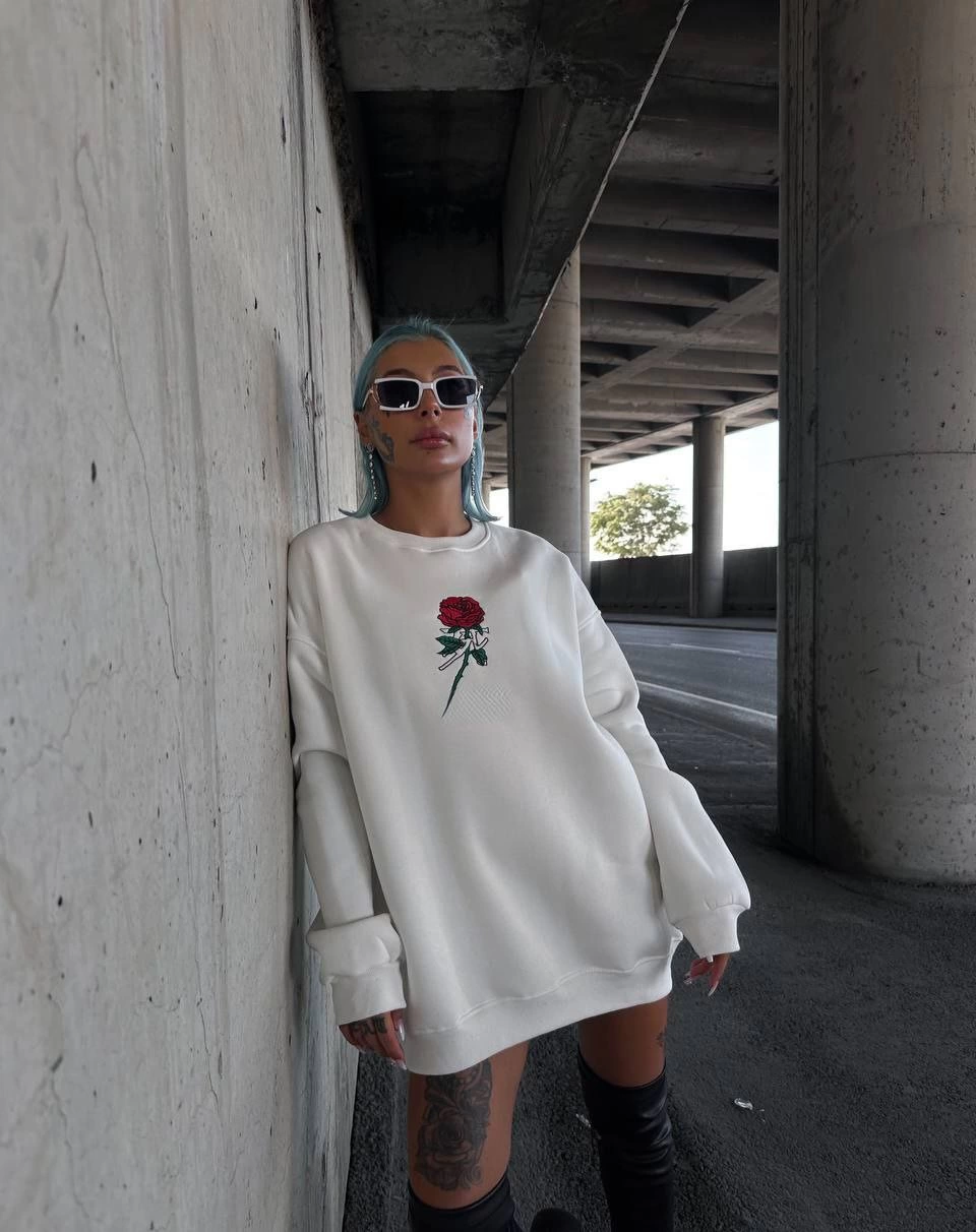 Kadın 3 iplik Pamuklu Bisiklet Yaka Ön Ve Arka Baskılı SweatShirt -  Beyaz