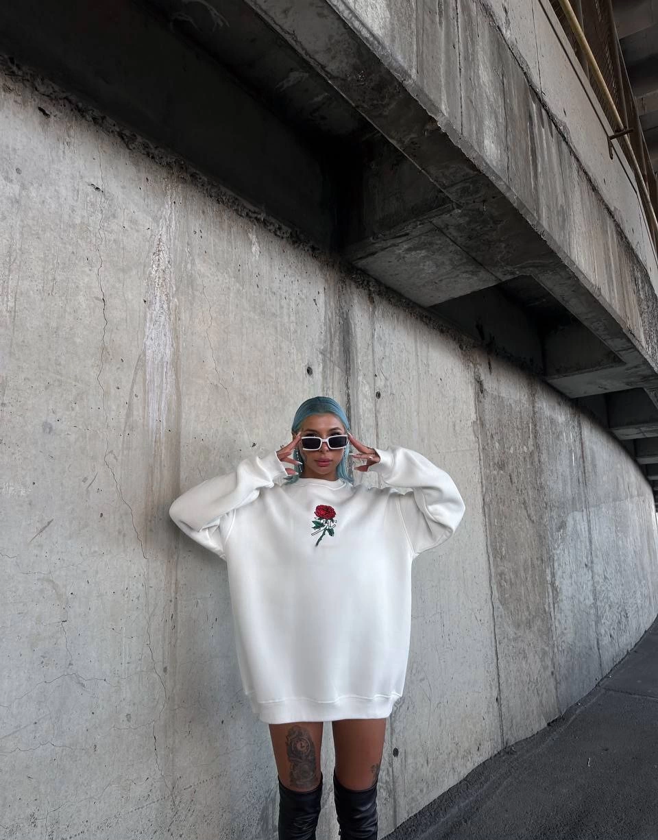 Kadın 3 iplik Pamuklu Bisiklet Yaka Ön Ve Arka Baskılı SweatShirt -  Beyaz