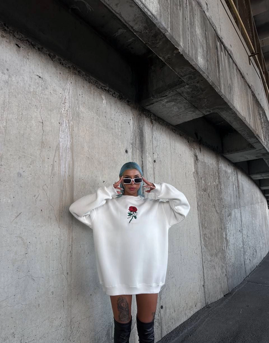 Kadın 3 iplik Pamuklu Bisiklet Yaka Ön Ve Arka Baskılı SweatShirt -  Beyaz