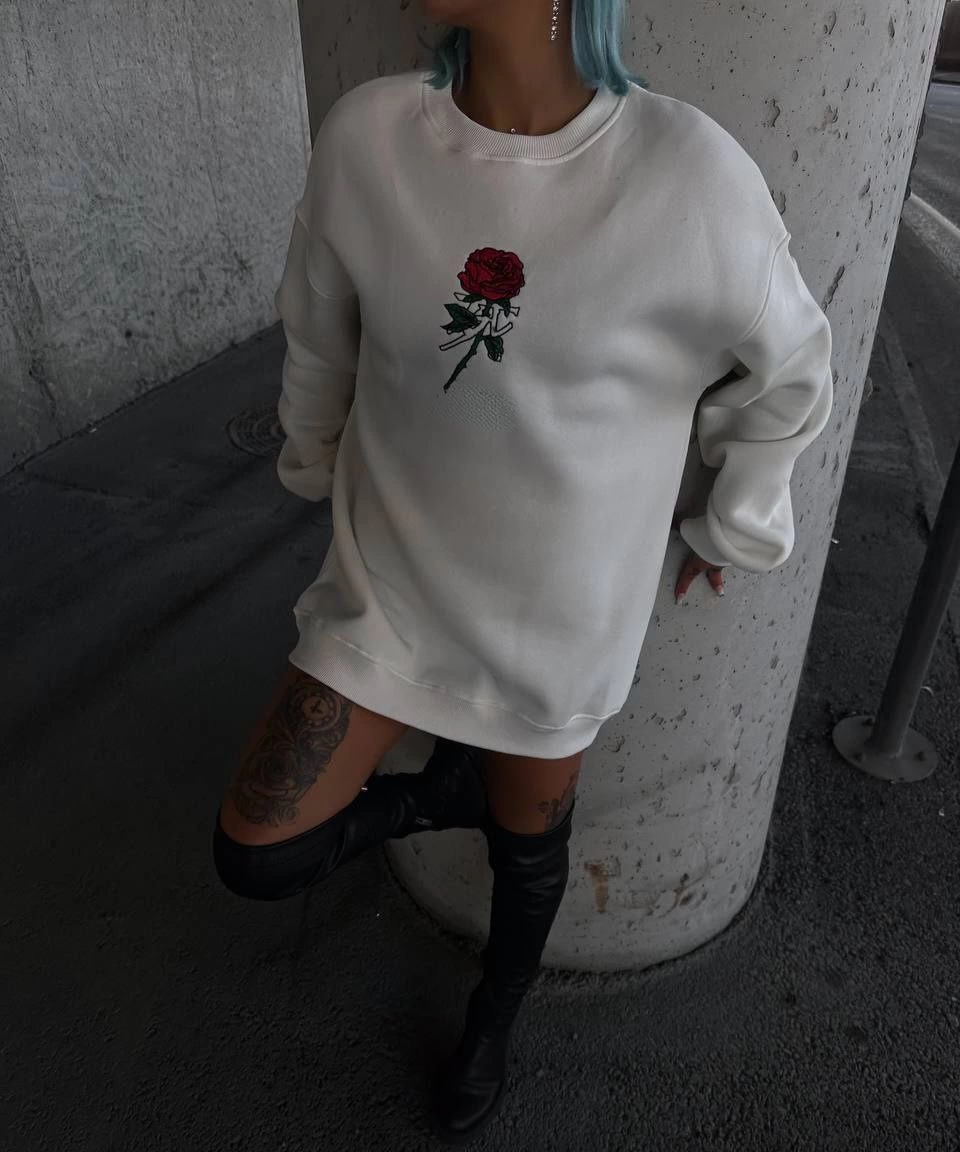 Kadın 3 iplik Pamuklu Bisiklet Yaka Ön Ve Arka Baskılı SweatShirt -  Beyaz