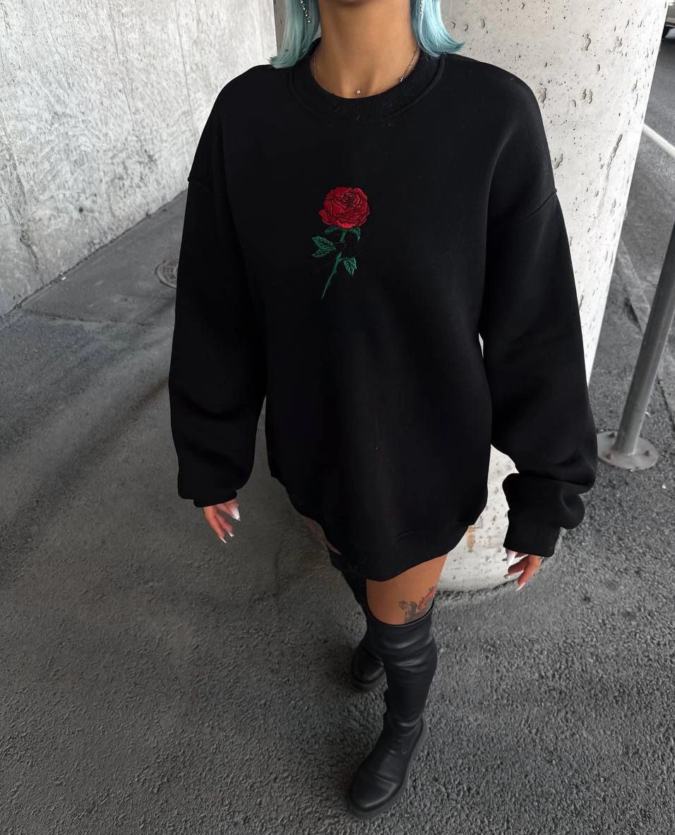 Kadın 3 iplik Pamuklu Bisiklet Yaka Ön Ve Arka Baskılı SweatShirt -  Siyah