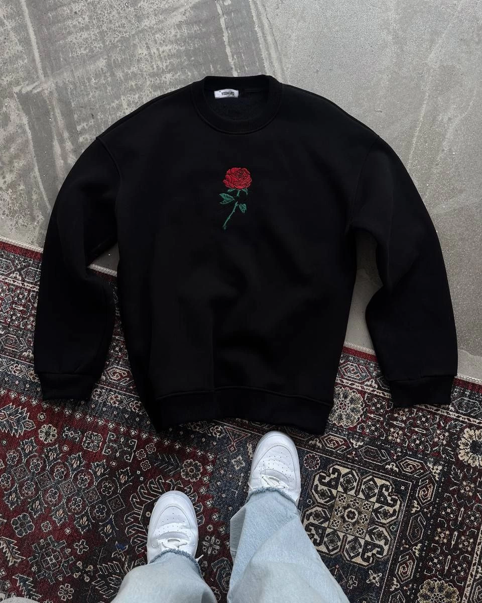 Kadın 3 iplik Pamuklu Bisiklet Yaka Ön Ve Arka Baskılı SweatShirt -  Siyah