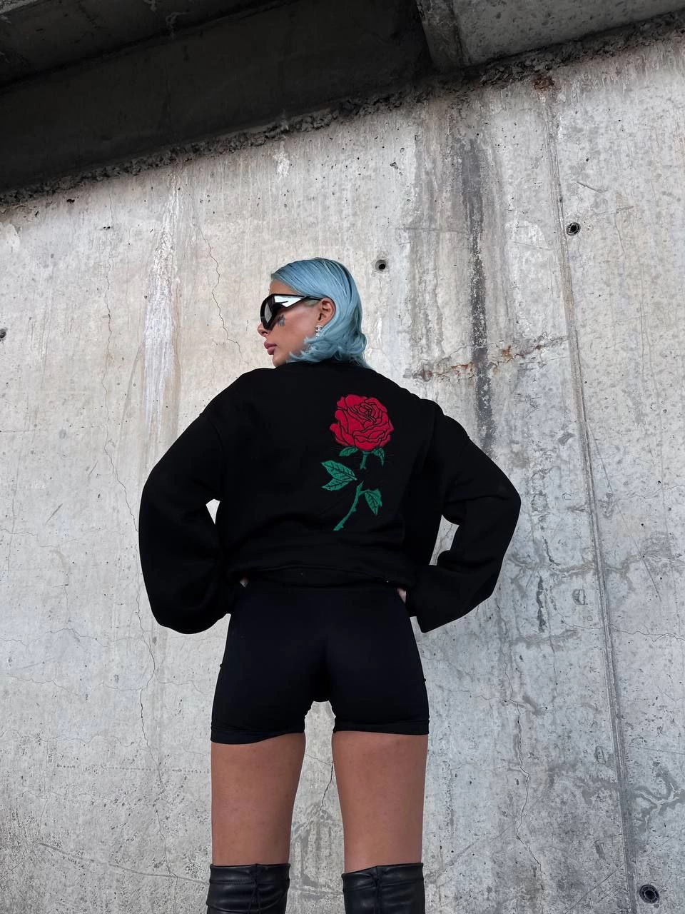 Kadın 3 iplik Pamuklu Bisiklet Yaka Ön Ve Arka Baskılı SweatShirt -  Siyah