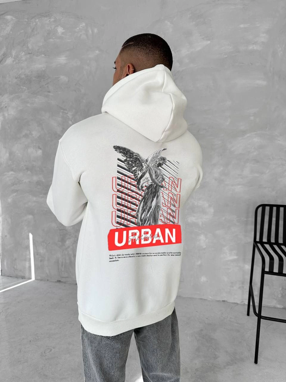 Erkek Üç İplik Pamuklu Kapüşonlu SweatShirt - Beyaz