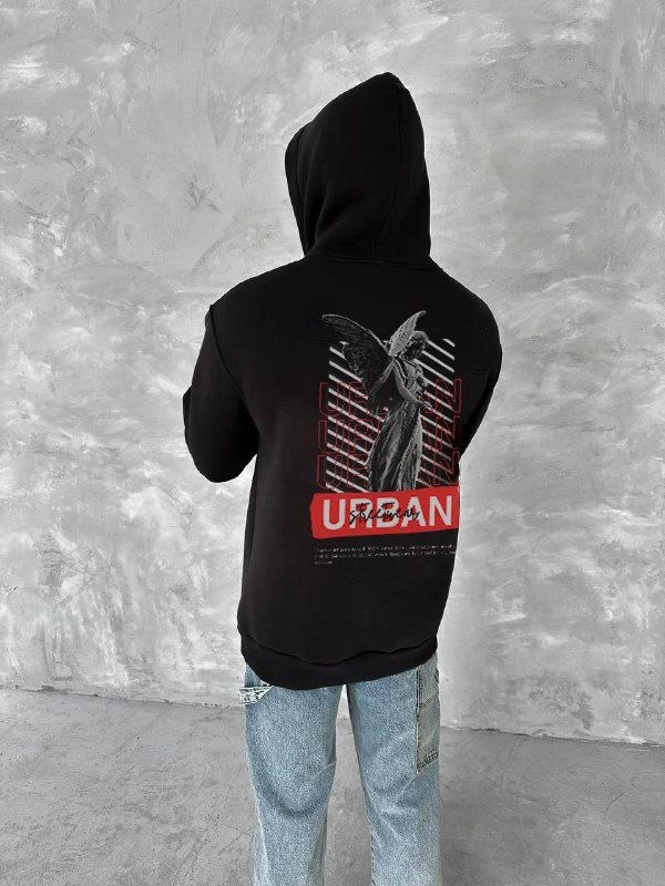 Erkek Üç İplik Pamuklu Kapüşonlu SweatShirt - Siyah