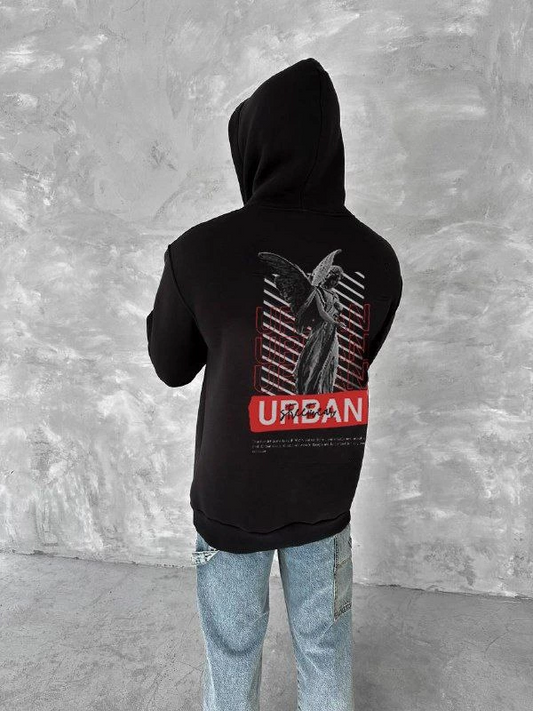 Erkek Üç İplik Pamuklu Kapüşonlu SweatShirt - Siyah