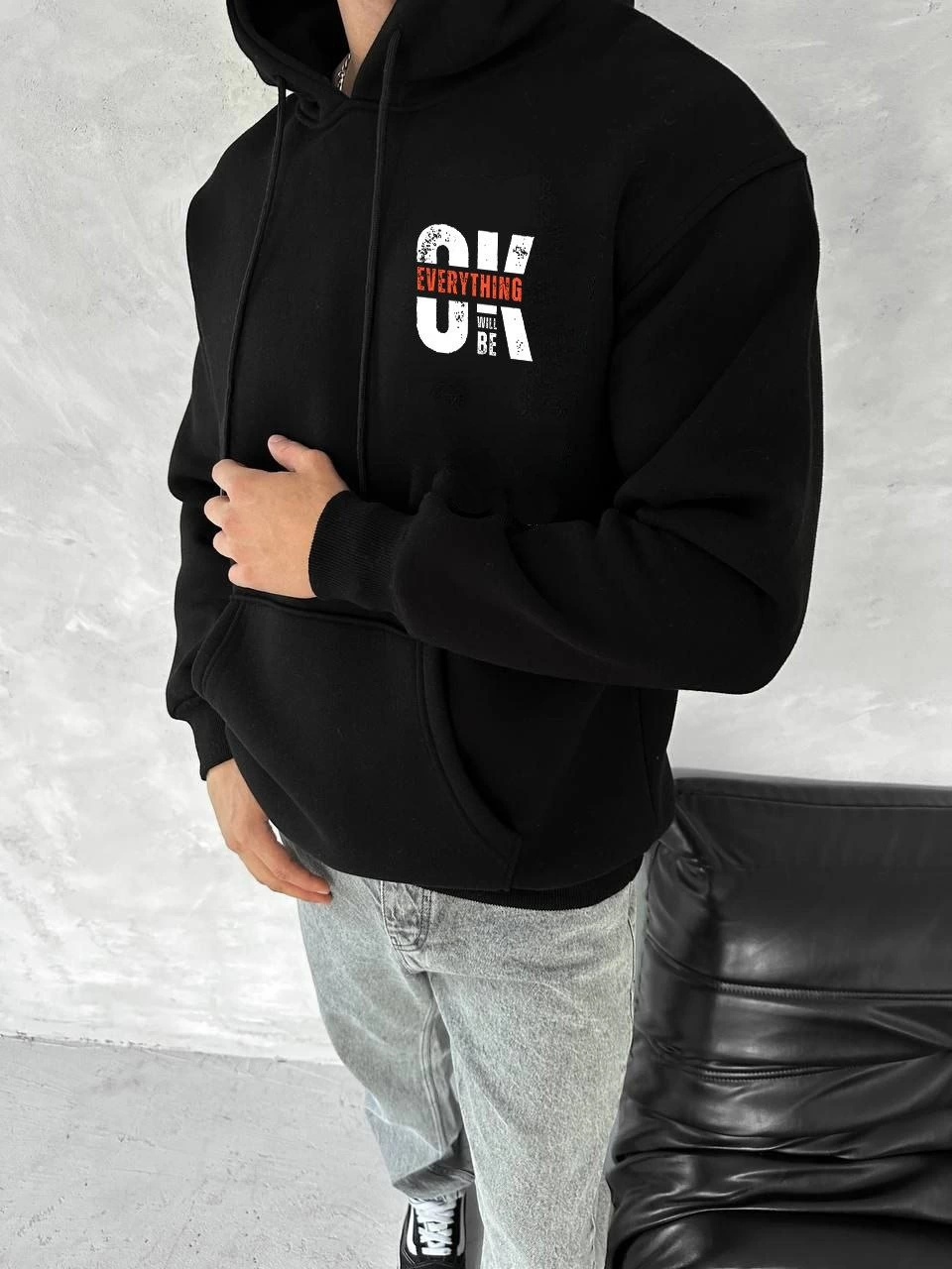 Erkek Üç İplik Pamuklu Kapüşonlu SweatShirt - Siyah