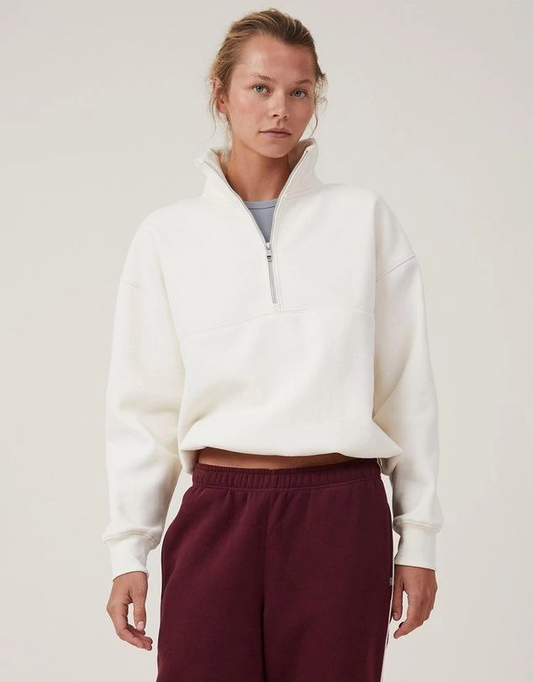 Kadın üç iplik pamuklu Oversize Yarım Farmuarlı Yakalı Basic SweatShirt - Beyaz