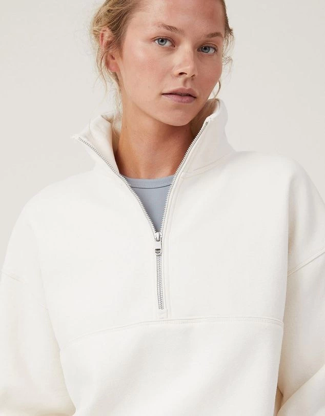 Kadın üç iplik pamuklu Oversize Yarım Farmuarlı Yakalı Basic SweatShirt - Beyaz