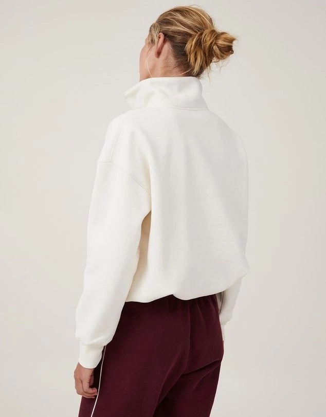 Kadın üç iplik pamuklu Oversize Yarım Farmuarlı Yakalı Basic SweatShirt - Beyaz