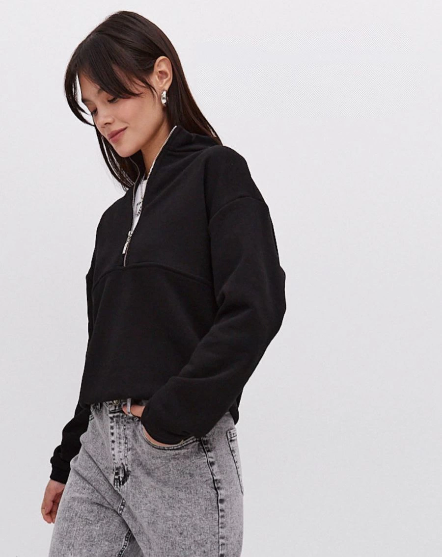 Kadın üç iplik Oversize Yarım Farmuarlı Yakalı Basic SweatShirt - Siyah