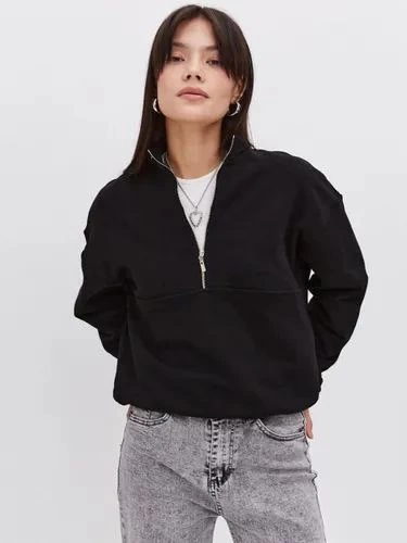 Kadın üç iplik Oversize Yarım Farmuarlı Yakalı Basic SweatShirt - Siyah