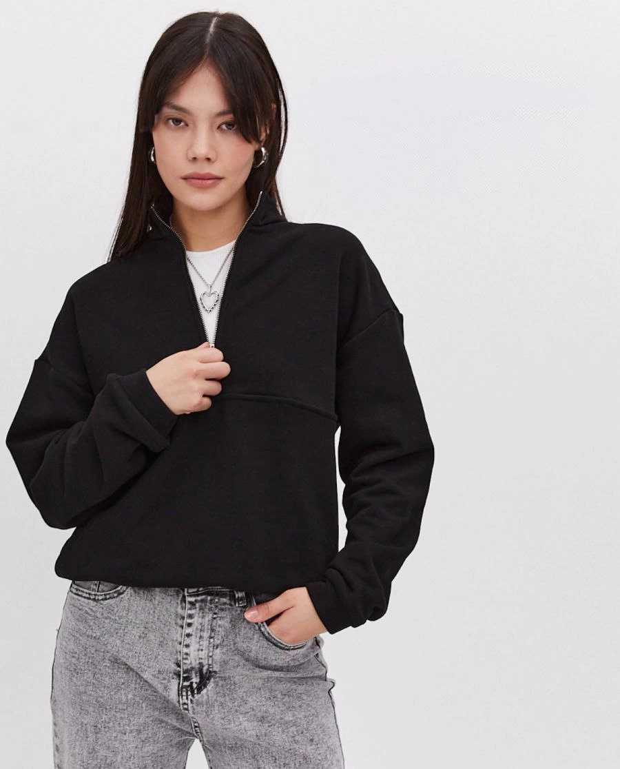 Kadın üç iplik Oversize Yarım Farmuarlı Yakalı Basic SweatShirt - Siyah