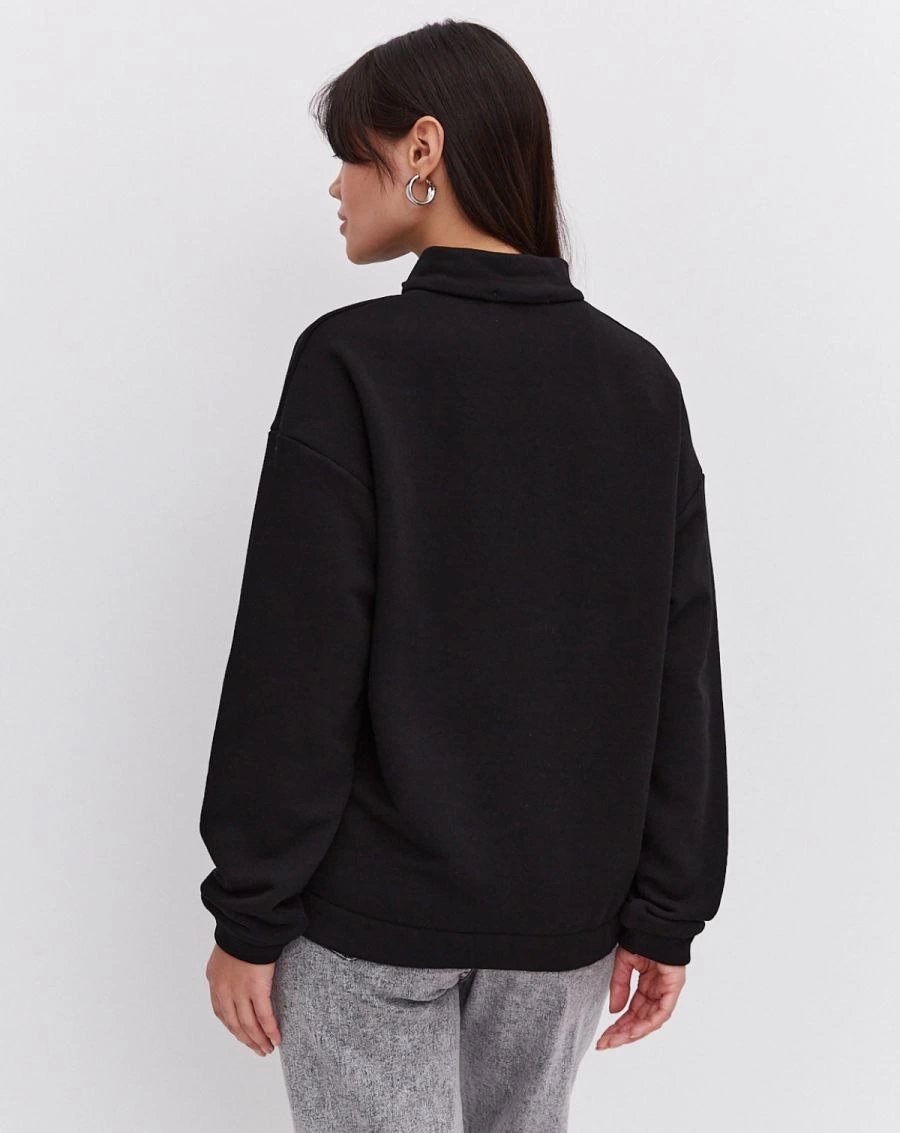 Kadın üç iplik Oversize Yarım Farmuarlı Yakalı Basic SweatShirt - Siyah
