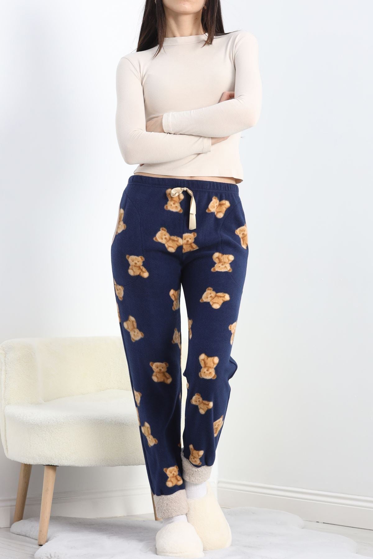 Paçası Peluşlu Polar Cepli Pijama Altı Lacivert - 20581.1287.