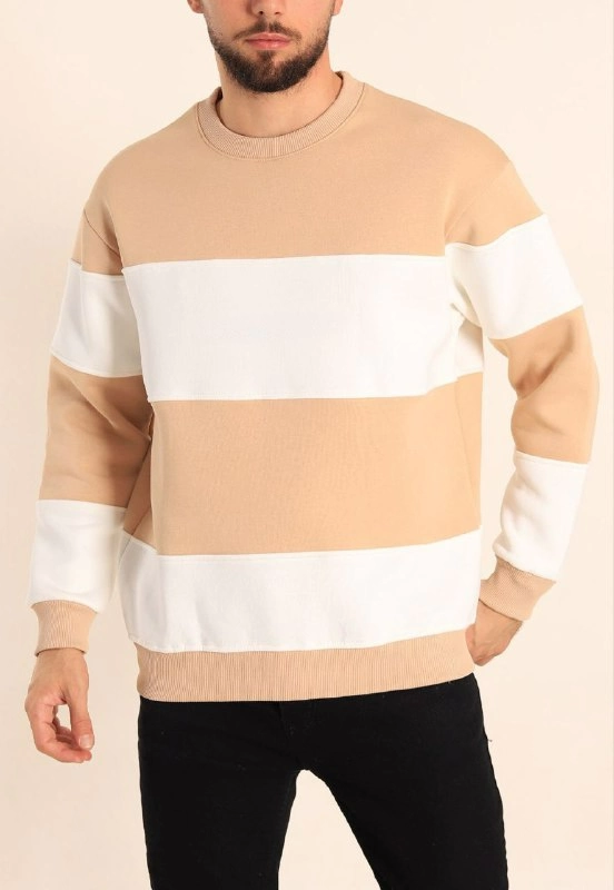 Erkek üç iplik pamuklu Parçalı Bisiklet Yaka Baskılı SweatShirt - Bej