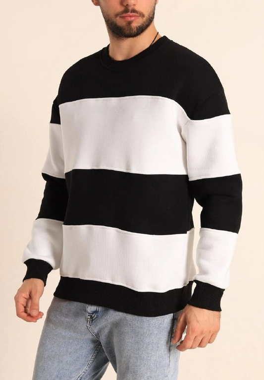 Erkek 3 iplik pamuklu Parçalı Bisiklet Yaka SweatShirt - Siyah