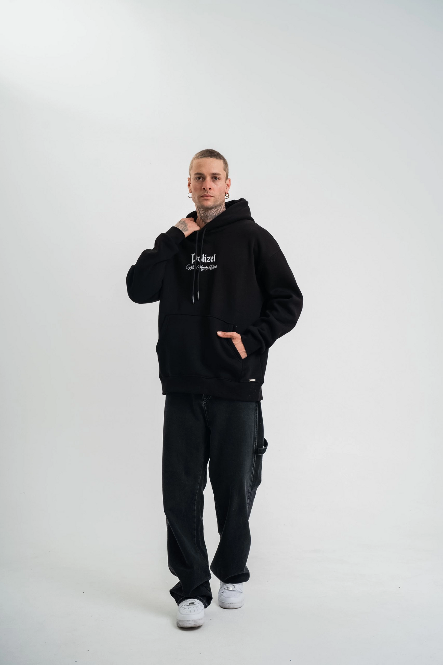 Erkek 3 İplik Pamuklu Kapüşonlu Baskılı Cepli Oversize Sweatshirt Hoodie - Siyah
