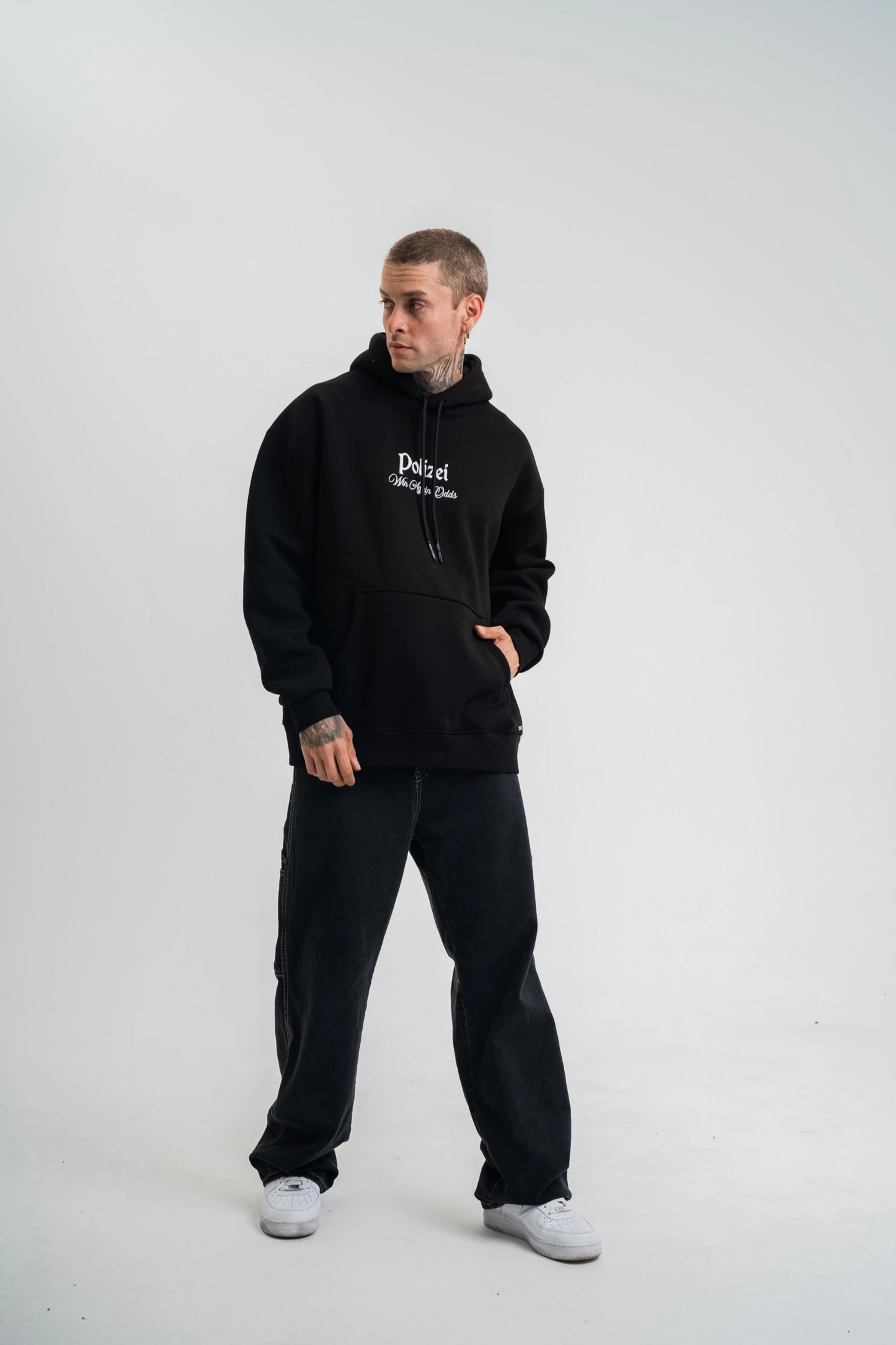 Erkek 3 İplik Pamuklu Kapüşonlu Baskılı Cepli Oversize Sweatshirt Hoodie - Siyah