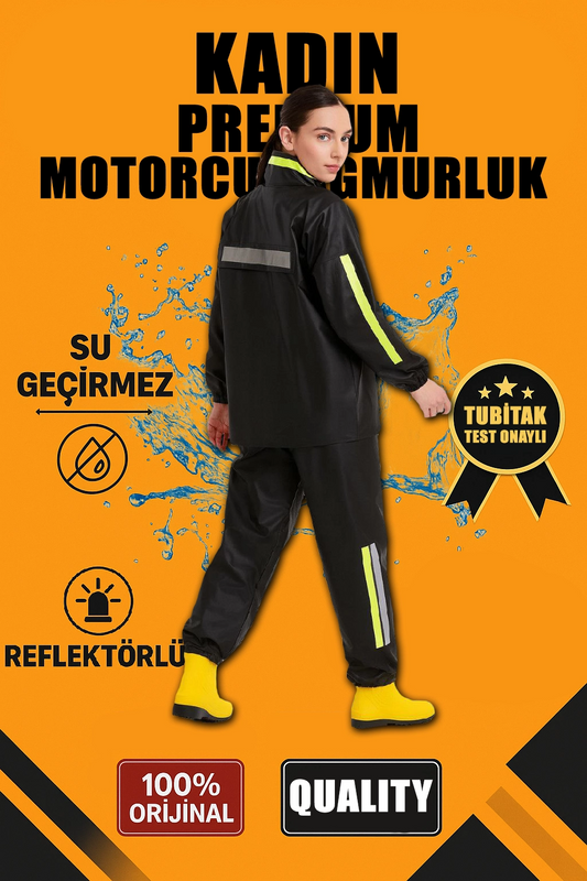 Kadın Premium Motorcu Kurye Yağmurluk Takım Su Geçirmez PVC Reflektörlü  - Siyah