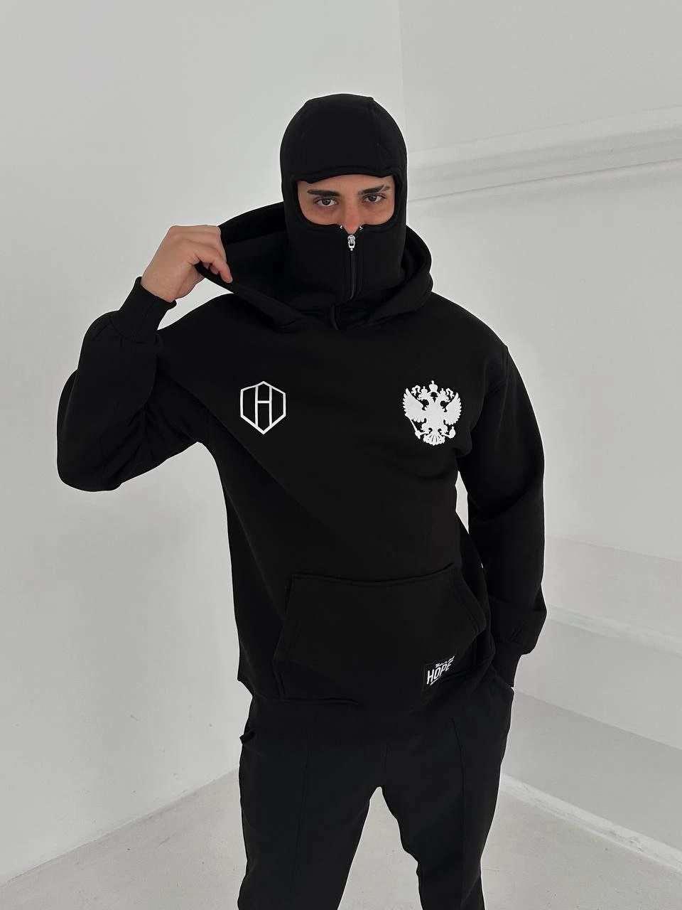 Samuray Ninja Çift Kapşonlu ZIP Fermuarlı Kanguru Çepli Tam Fermuarlı ön Arka - Siyah