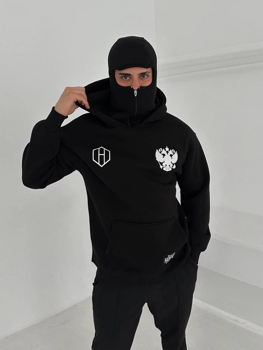 Samuray Ninja Çift Kapşonlu ZIP Fermuarlı Kanguru Çepli Tam Fermuarlı ön Arka - Siyah