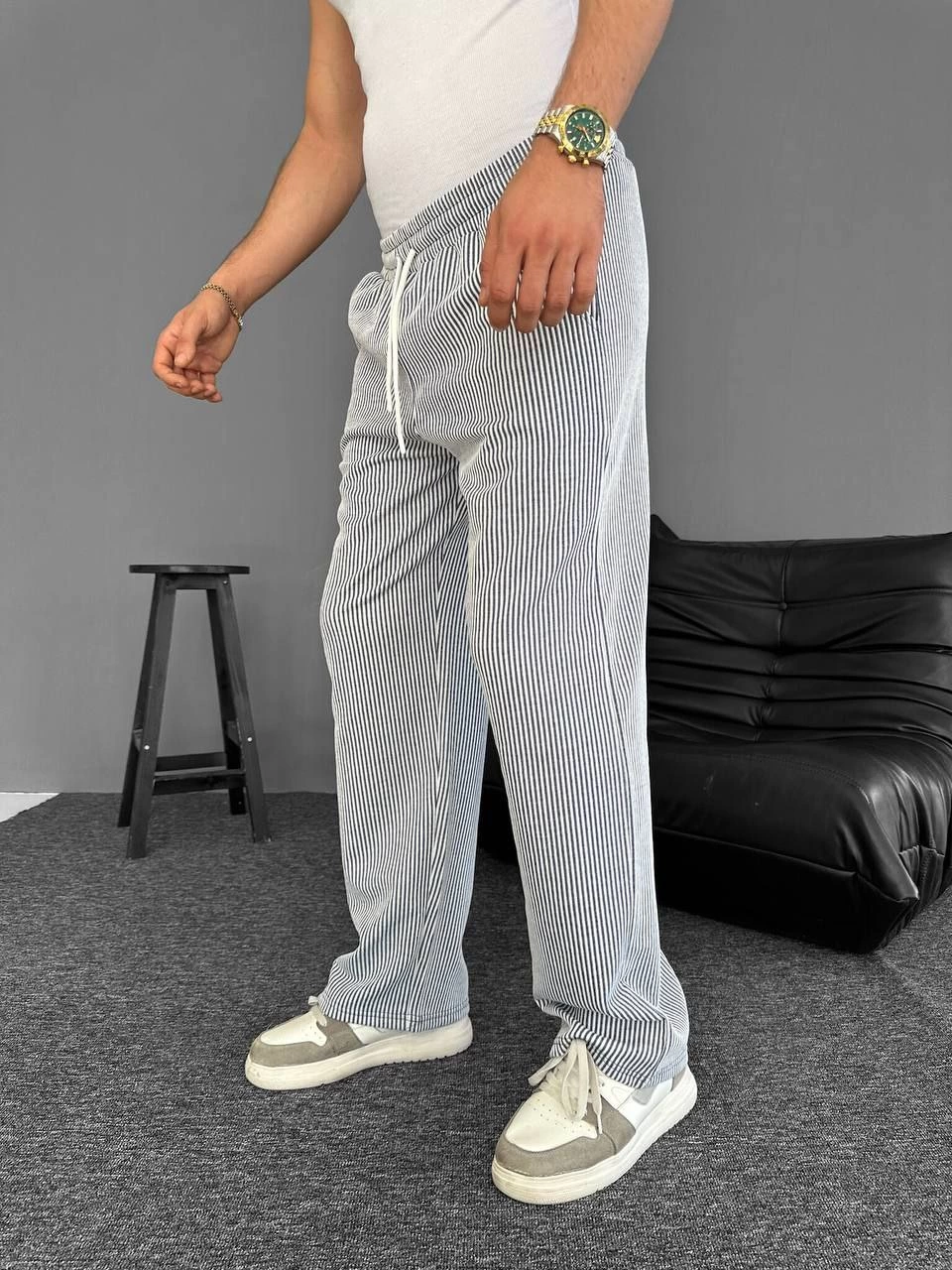 Erkek Su Yolu Çizgili Cepli Pantalon Yazlık - Gri