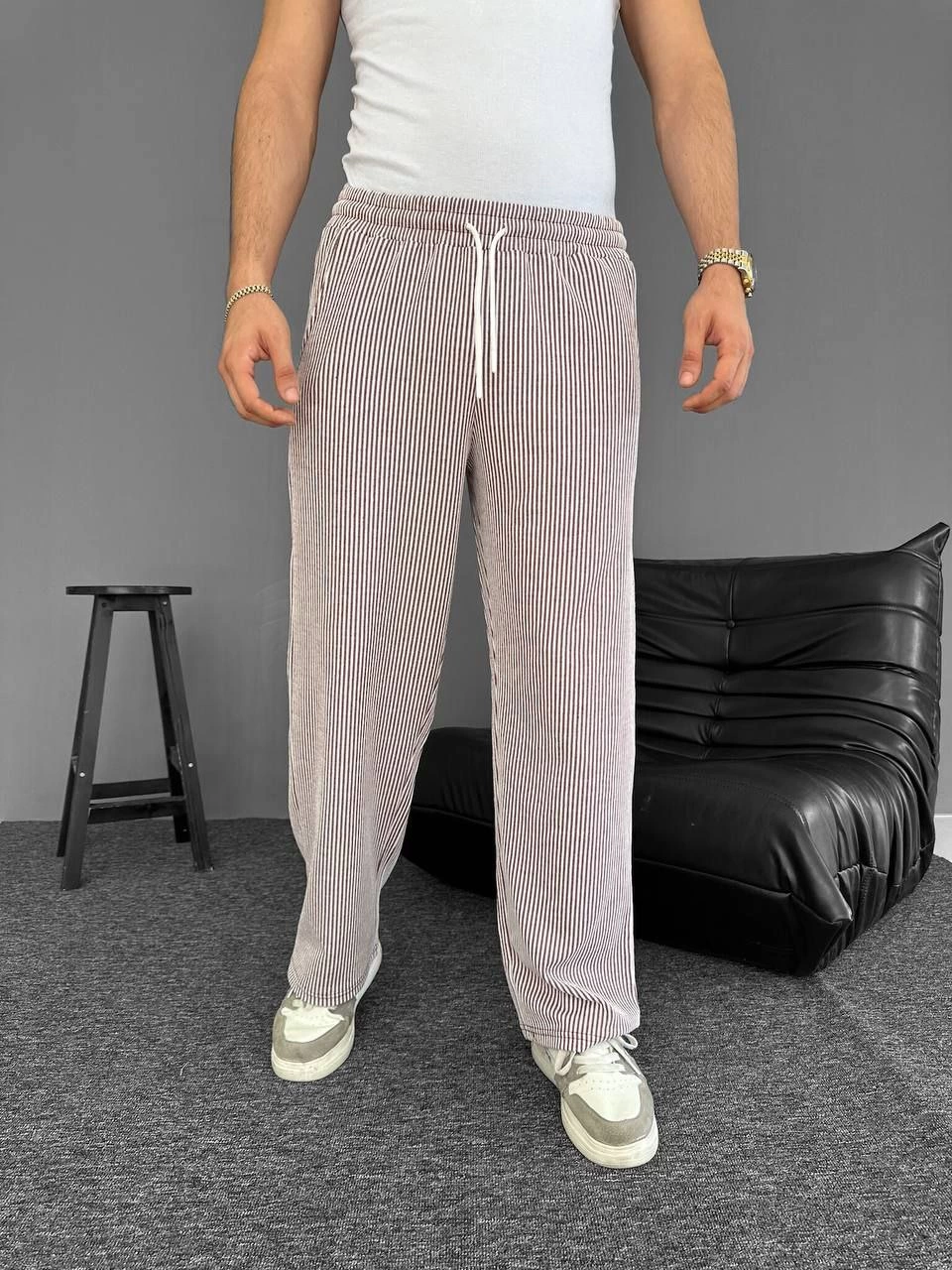 Erkek Su Yolu Çizgili Cepli Pantalon Yazlık - Kahverengi