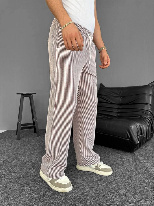 Erkek Su Yolu Çizgili Cepli Pantalon Yazlık - Kahverengi