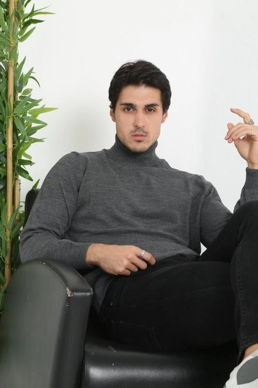 Erkek Tam Boğazlı Balıkçı Yaka Kazak Uzun Kol Düz Dokuma Triko - Füme