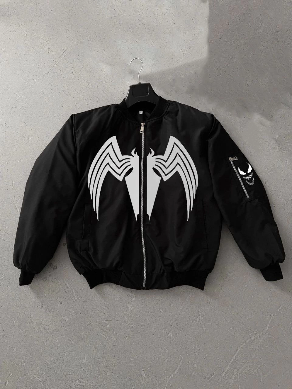 Venom Örümcek Desenli Erkek Mont Siyah Bomber Ceket Fermuarlı Kol Fermuarlı Cep - Siyah