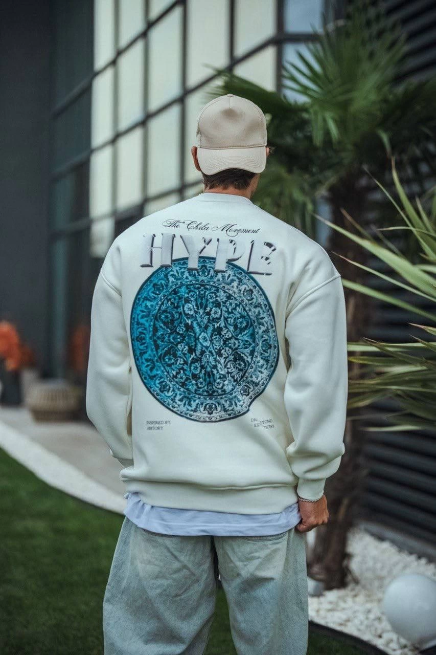 Erkek Üç İplik Bisiklet Yaka Baskılı SweatShirt - Beyaz