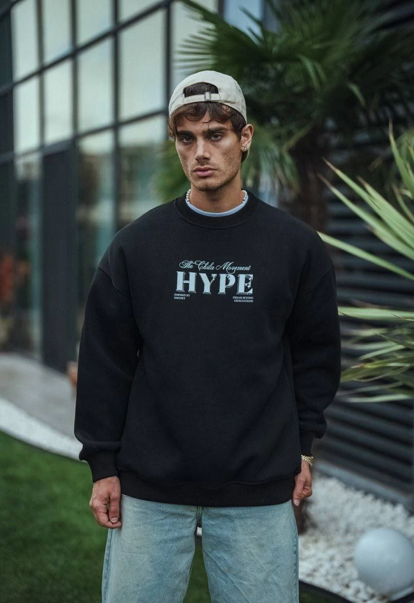 Erkek Üç İplik Bisiklet Yaka Baskılı SweatShirt - Siyah