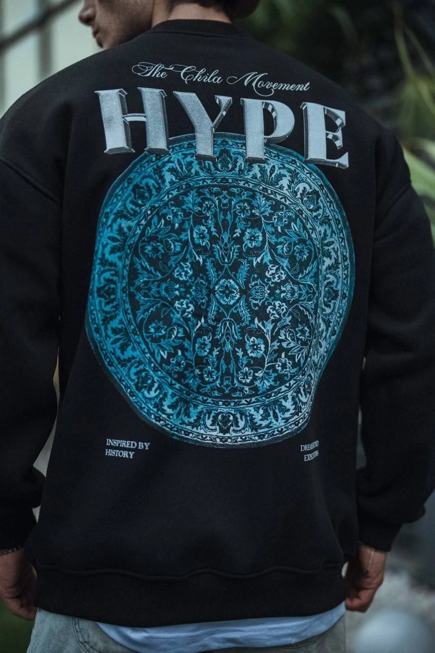 Erkek Üç İplik Bisiklet Yaka Baskılı SweatShirt - Siyah