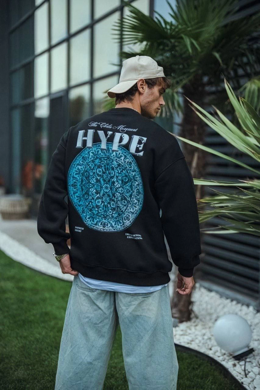 Erkek Üç İplik Bisiklet Yaka Baskılı SweatShirt - Siyah