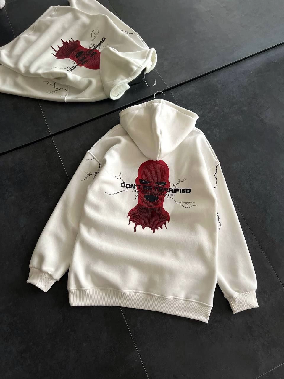 Kadın Üç İplik Kapüşonlu Baskılı Oversize SweatShirt- Beyaz