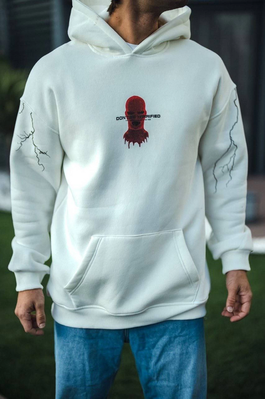 Erkek Üç İplik Kapüşonlu Baskılı Oversize SweatShirt- Beyaz