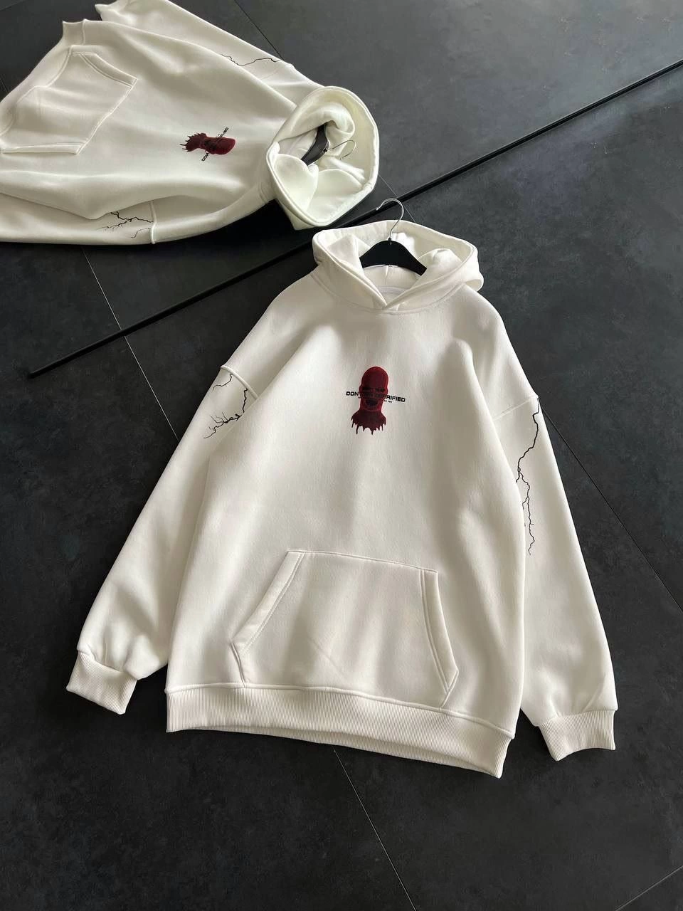 Kadın Üç İplik Kapüşonlu Baskılı Oversize SweatShirt- Beyaz